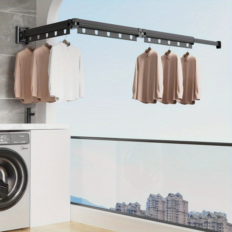 304 Stainless Steel Heavy Duty Retractable Clothes Drying Rack, Foldable Wall-Mounted Suction Laundry Rack With Windproof Fixing Holes, Space-Saving Non-Punching Drying Rack For Indoor Outdoor Balcony Window (3-Fold-White\u002F Grey), Drying Racks