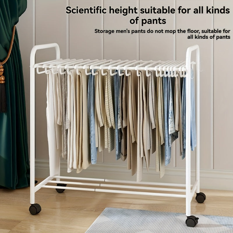 Rolling Trolley Clothes Organizer with 24 Hooks - Stretchable Metal Hanger for Jeans, Trousers & Skirts, Space-Saving Wardrobe Storage, Black & White, Clothes Hangers
