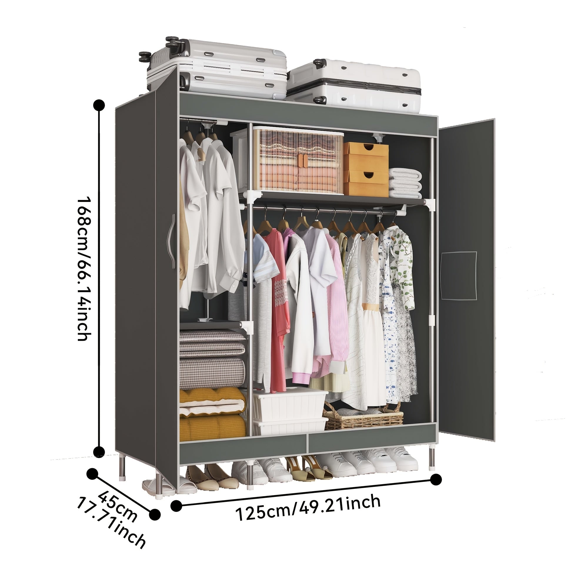 49.2-inch Wide Door-type Fashionable Fabric Wardrobe, 19mm Diameter Thickened And Thickened Steel Pipe, Stable Bracket, Double Hanging RodsThe Door Panel Adopts Strong Magnetic Attraction, Is Sealed And Adhered, Portable Closets