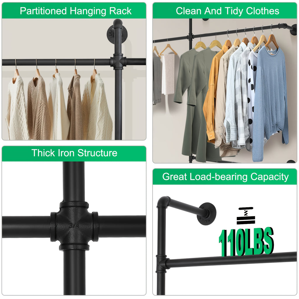 Heavy-Duty Industrial Wall-Mounted Clothing Rack with 5 Hanging Rods - Stainless Pipe Garment Rack Suitable for Retail Shops, Boutiques, Home Closets, Laundry Rooms & Garage Storage - Space-Saving Hanging Rod System, Assembly