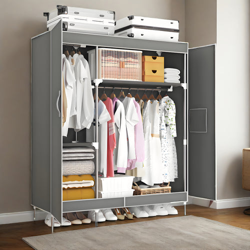 49.2-inch Wide Door-type Fashionable Fabric Wardrobe, 19mm Diameter Thickened And Thickened Steel Pipe, Stable Bracket, Double Hanging RodsThe Door Panel Adopts Strong Magnetic Attraction, Is Sealed And Adhered, Portable Closets