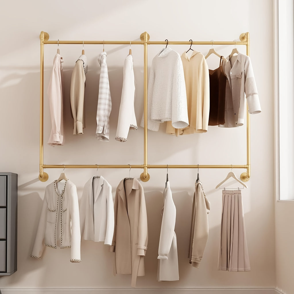 Iron HomeStyle Industrial Pipe Clothing Rack Clothing Rack Wall Mounted Clothes Racks For Hanging Clothes Double Rod-2 Tier Black