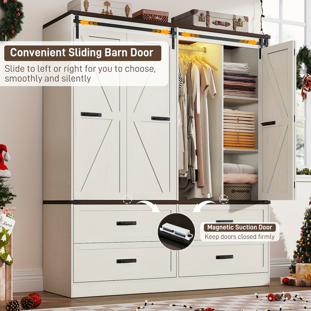Farmhouse 4 Doors Armoire Wardrobe Closet W\u002FFolding Sliding Barn Door And Lights, LED Armoire Closet W\u002FDrawers for Bedroom, Freestanding Wooden Wardrobe Storage Closets W\u002FHanging Rod