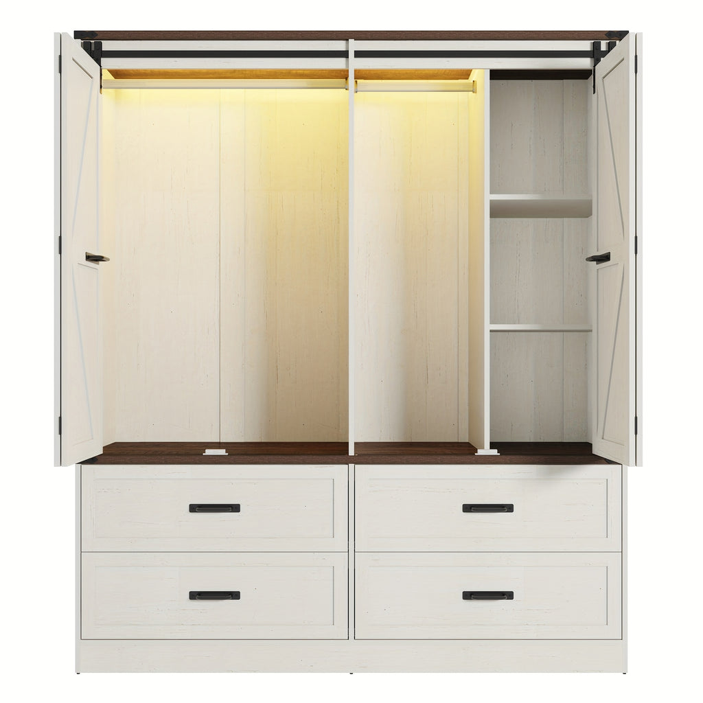 Farmhouse 4 Doors Armoire Wardrobe Closet W\u002FFolding Sliding Barn Door And Lights, LED Armoire Closet W\u002FDrawers for Bedroom, Freestanding Wooden Wardrobe Storage Closets W\u002FHanging Rod