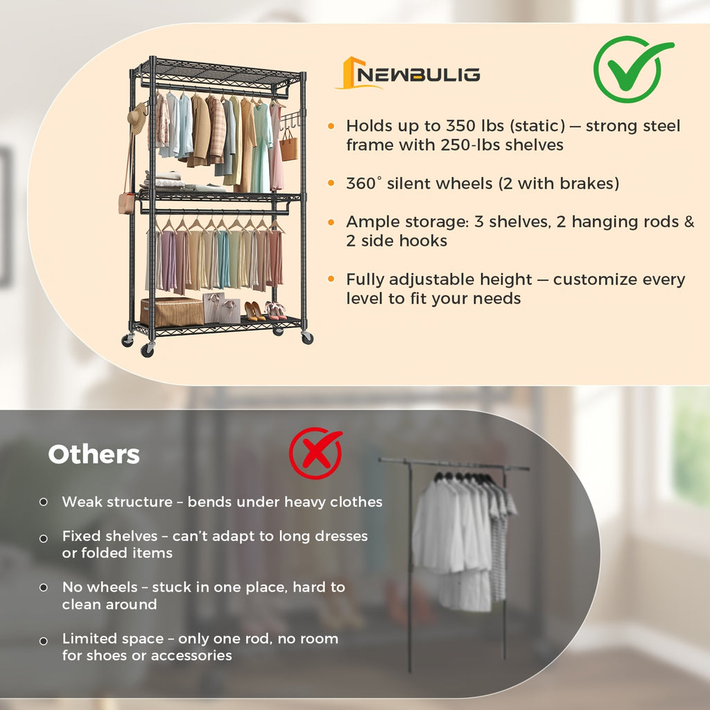 Sturdy Clothes Rack Designed for Hanging Garments, Featuring Adjustable Metal Wire Shelves, Portable with Wheels And Side Hooks, Available in Black And White