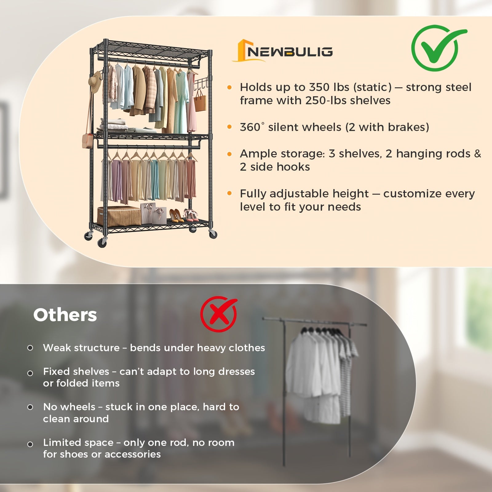 Sturdy Clothes Rack Designed for Hanging Garments, Featuring Adjustable Metal Wire Shelves, Portable with Wheels And Side Hooks, Available in Black And White