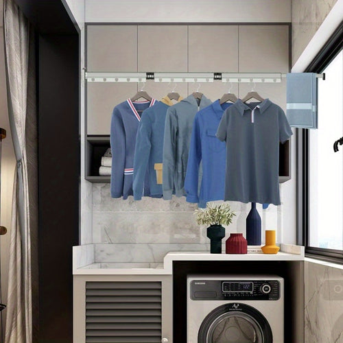 304 Stainless Steel Heavy Duty Retractable Clothes Drying Rack, Foldable Wall-Mounted Suction Laundry Rack With Windproof Fixing Holes, Space-Saving Non-Punching Drying Rack For Indoor Outdoor Balcony Window (3-Fold-White\u002F Grey), Drying Racks