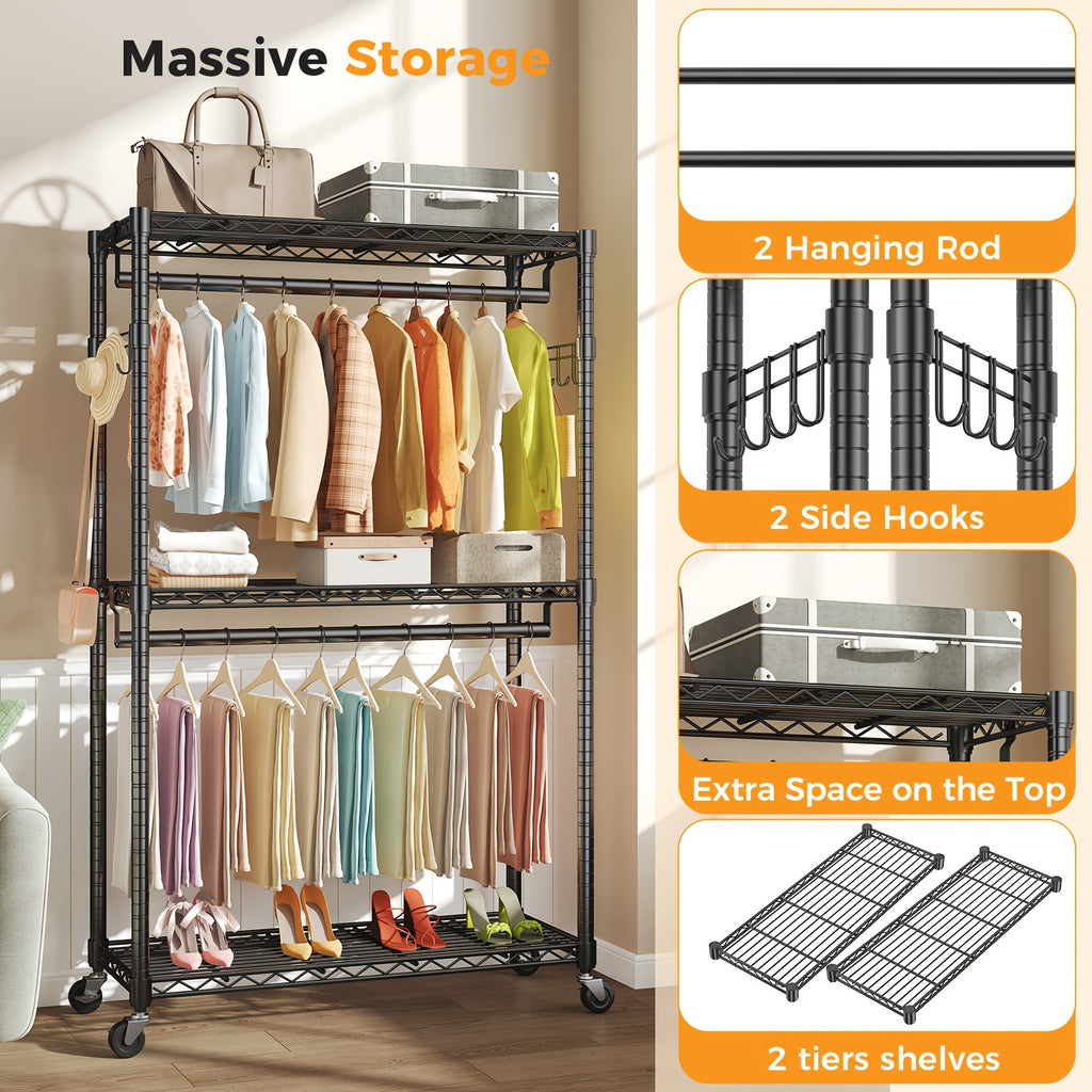 Sturdy Clothes Rack Designed for Hanging Garments, Featuring Adjustable Metal Wire Shelves, Portable with Wheels And Side Hooks, Available in Black And White