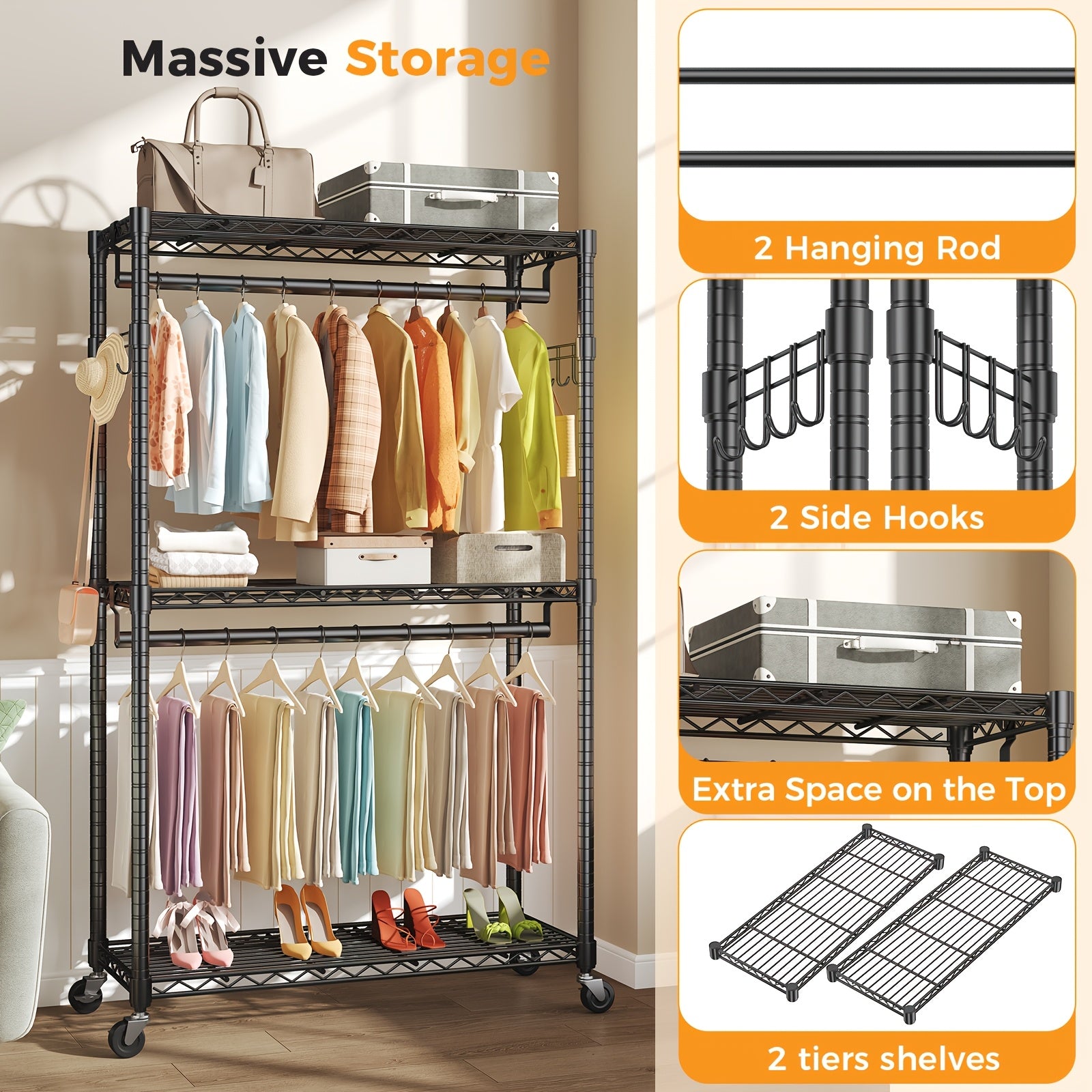 Sturdy Clothes Rack Designed for Hanging Garments, Featuring Adjustable Metal Wire Shelves, Portable with Wheels And Side Hooks, Available in Black And White