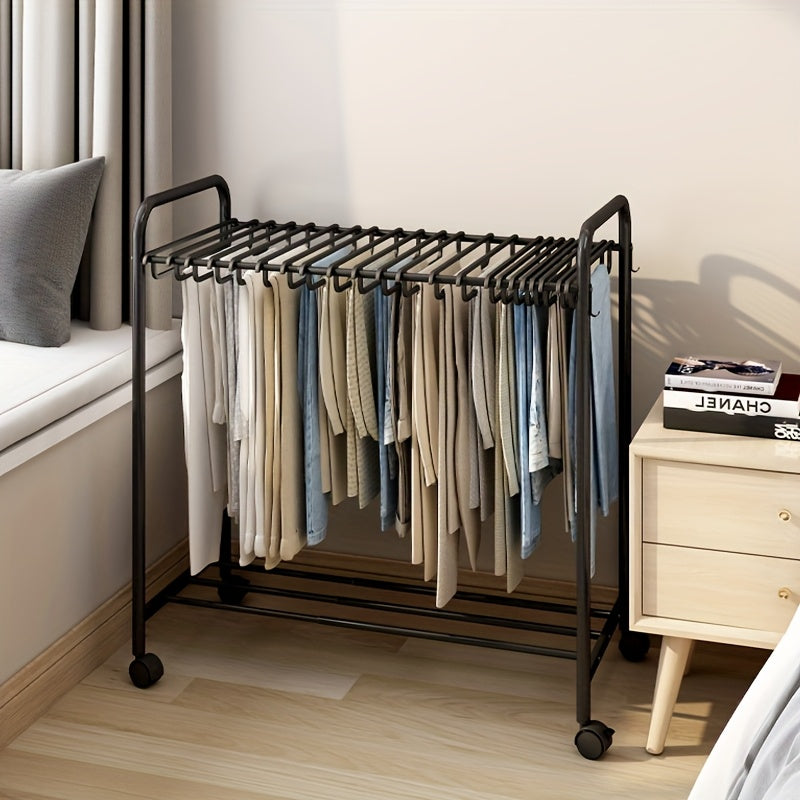 Rolling Trolley Clothes Organizer with 24 Hooks - Stretchable Metal Hanger for Jeans, Trousers & Skirts, Space-Saving Wardrobe Storage, Black & White, Clothes Hangers