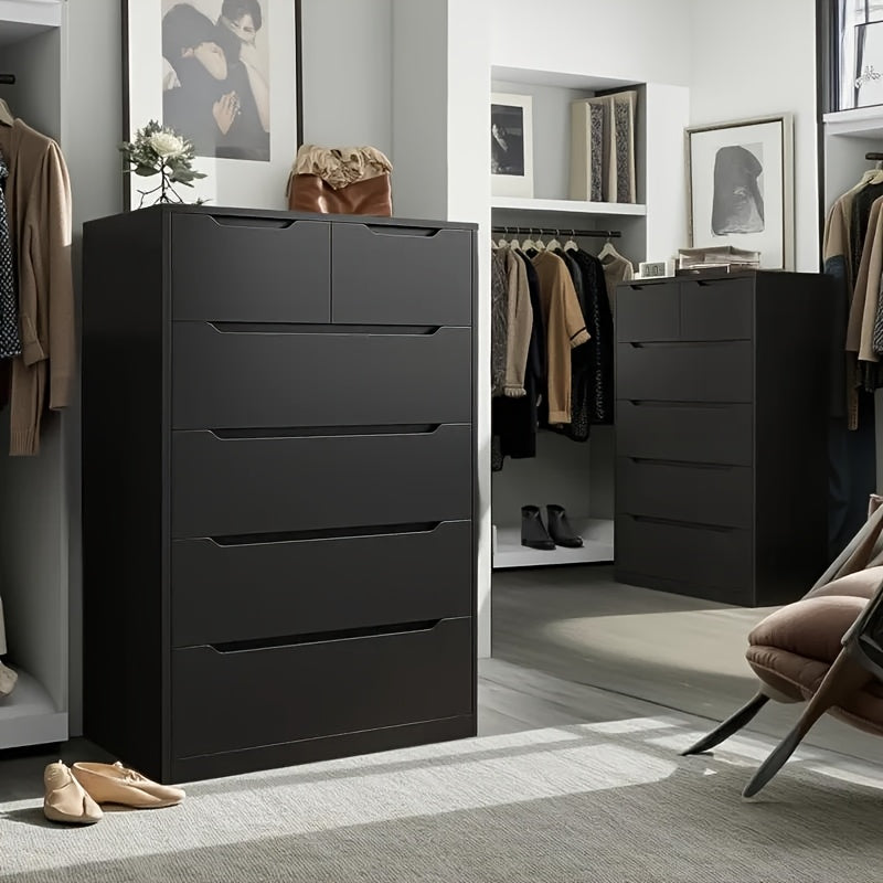 Modern Minimalist Style Wardrobe Storage System Storage Cabinet, with A Storage Box with 6 Independent Drawers, High-quality Wooden Storage Cabinet, Premium Black, Deep Drawer Pull-out Storage Box, Smooth Metal Track, Used for Storage, Organization.