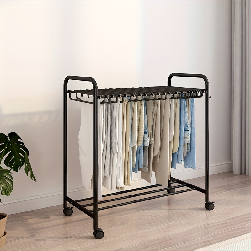 Rolling Trolley Clothes Organizer with 24 Hooks - Stretchable Metal Hanger for Jeans, Trousers & Skirts, Space-Saving Wardrobe Storage, Black & White, Clothes Hangers