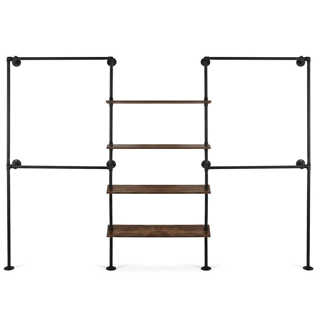 Heavy-Duty Industrial Pipe Clothing Rack with Double Hanging Rods & Shelves - Large Capacity Wall-Mounted Garment Organizer Suitable for Walk-In Closets, Laundry Rooms, Retail Display, with, Space-Saving