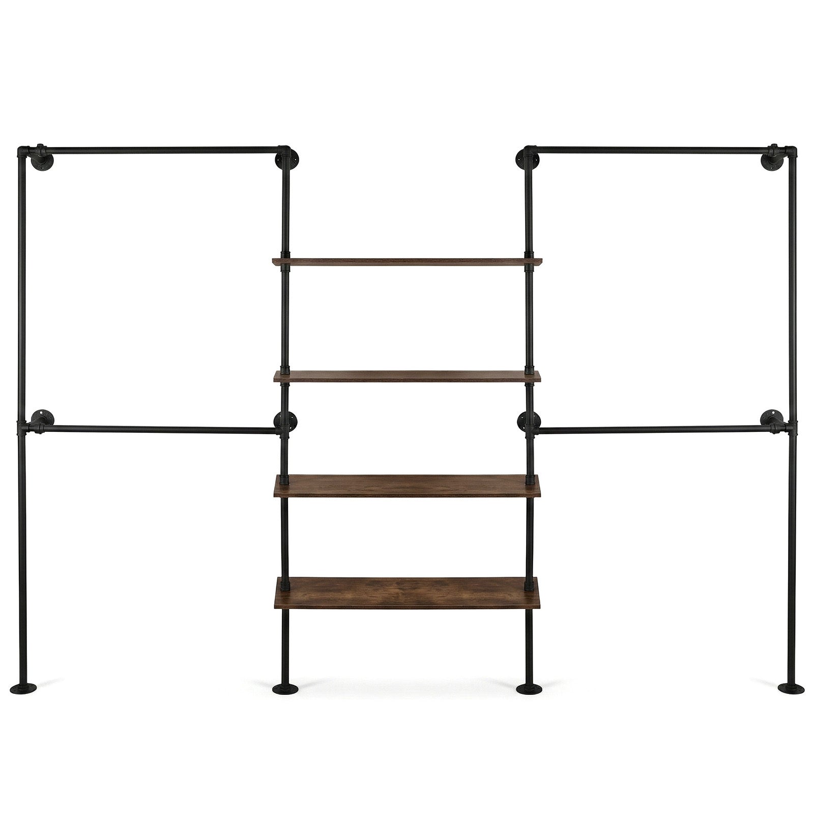 Heavy-Duty Industrial Pipe Clothing Rack with Double Hanging Rods & Shelves - Large Capacity Wall-Mounted Garment Organizer Suitable for Walk-In Closets, Laundry Rooms, Retail Display, with, Space-Saving