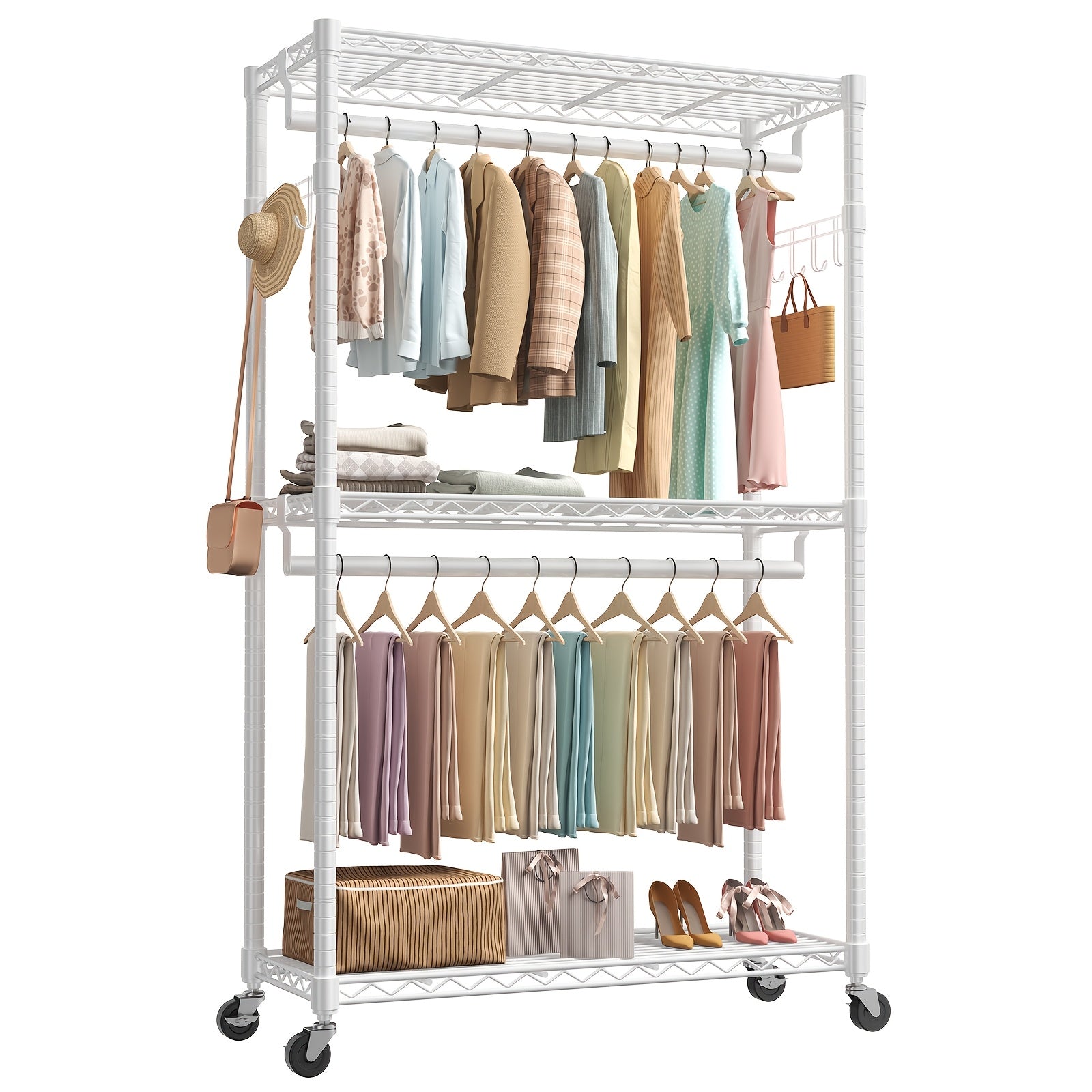 Sturdy Clothes Rack Designed for Hanging Garments, Featuring Adjustable Metal Wire Shelves, Portable with Wheels And Side Hooks, Available in Black And White