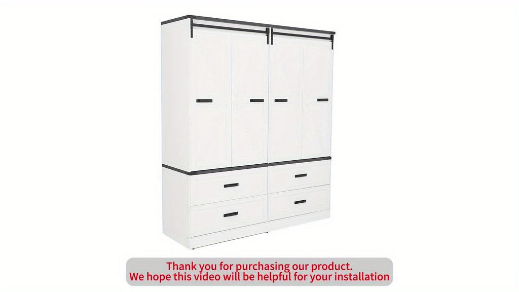 Farmhouse 4 Doors Armoire Wardrobe Closet W\u002FFolding Sliding Barn Door And Lights, LED Armoire Closet W\u002FDrawers for Bedroom, Freestanding Wooden Wardrobe Storage Closets W\u002FHanging Rod