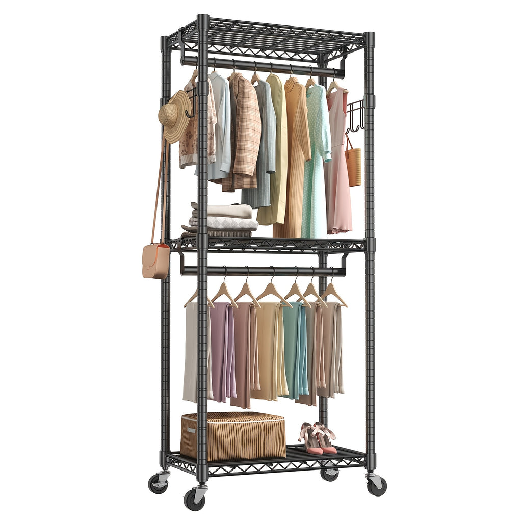 Sturdy Clothes Rack Designed for Hanging Garments, Featuring Adjustable Metal Wire Shelves, Portable with Wheels And Side Hooks, Available in Black And White