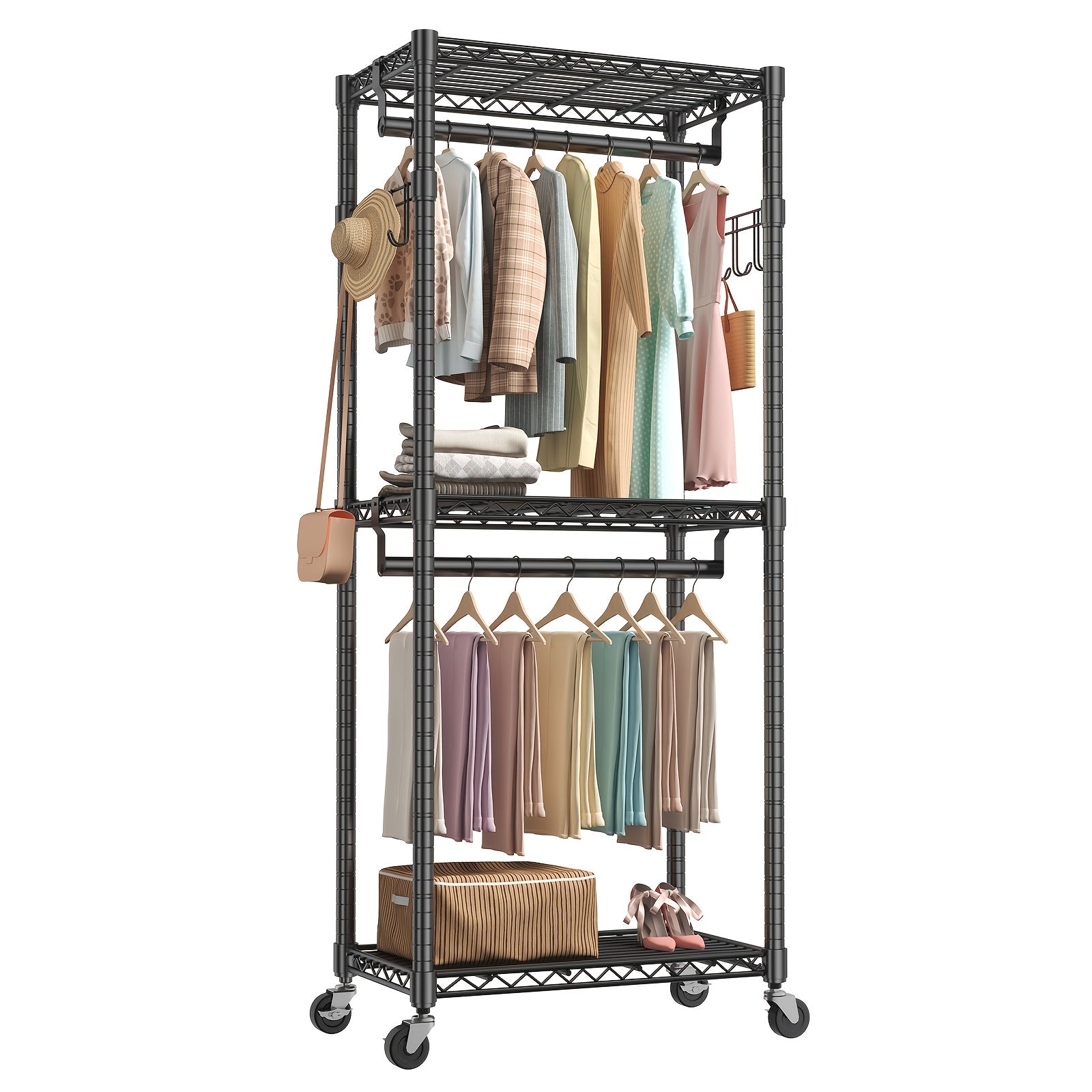 Sturdy Clothes Rack Designed for Hanging Garments, Featuring Adjustable Metal Wire Shelves, Portable with Wheels And Side Hooks, Available in Black And White