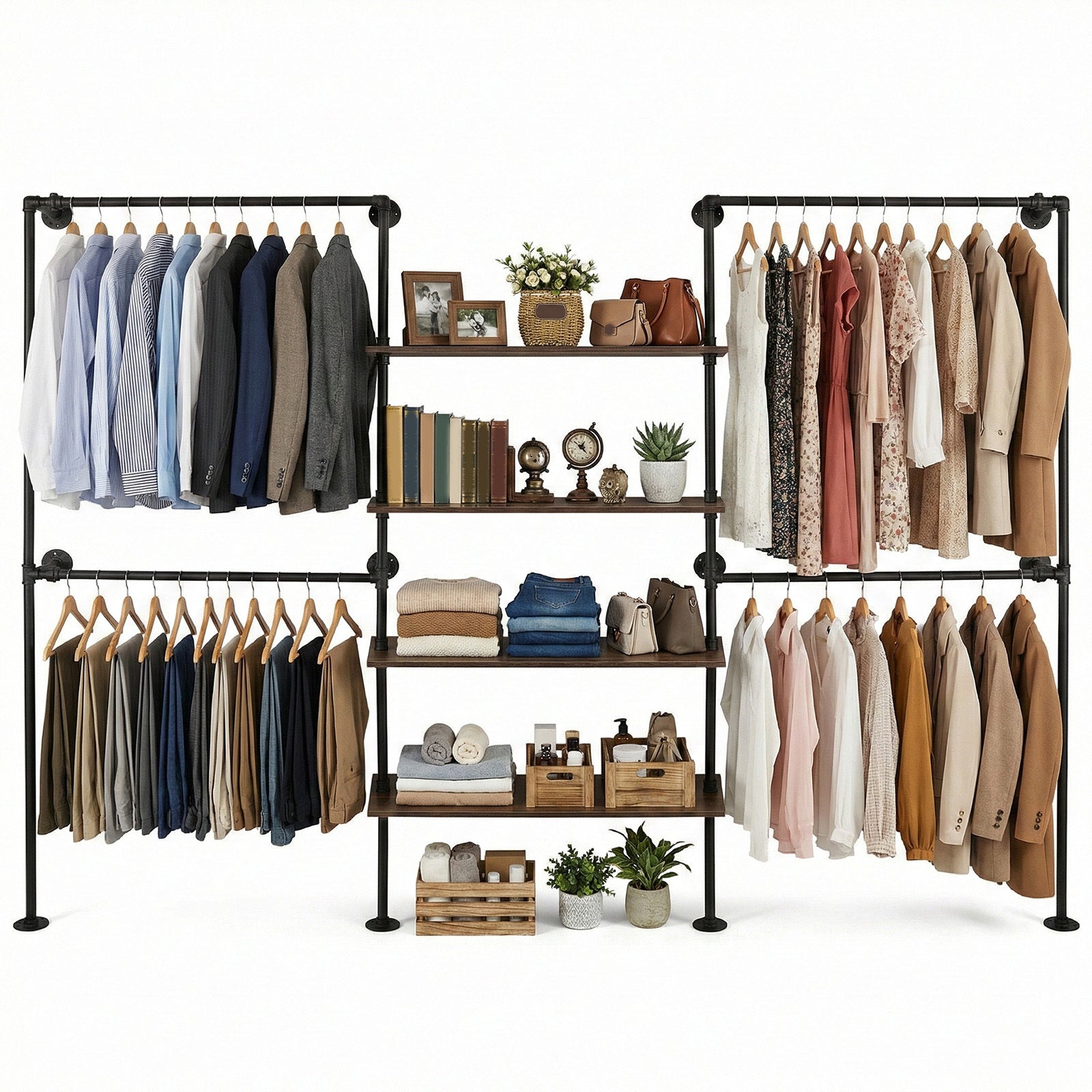 Heavy-Duty Industrial Pipe Clothing Rack with Double Hanging Rods & Shelves - Large Capacity Wall-Mounted Garment Organizer Suitable for Walk-In Closets, Laundry Rooms, Retail Display, with, Space-Saving