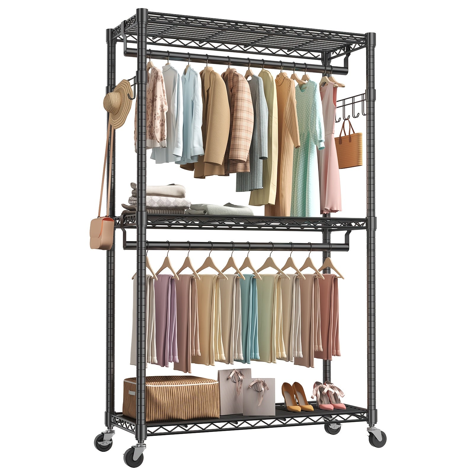 Sturdy Clothes Rack Designed for Hanging Garments, Featuring Adjustable Metal Wire Shelves, Portable with Wheels And Side Hooks, Available in Black And White